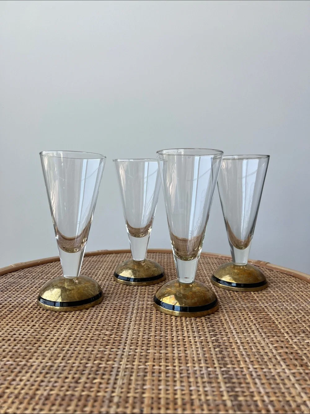 Pier 1 Handblown Glass Brass Cocktail Glasses Set of 4 Vintage